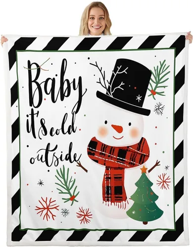 Manfei Manta de Navidad con árbol de Navidad, muñeco de nieve, copo de nieve, para decoración de habitación de niños y niños, manta de rayas blancas