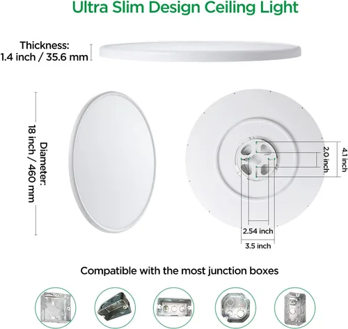 Miniatura 3 de ocioc Lámpara de techo empotrada de 18 pulgadas, 36 W, 3600 lúmenes, 5CCT seleccionable, lámpara de techo LED regulable para cocina, dormitorio