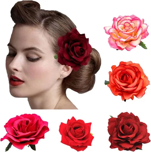 DRESHOW 5 Pack Flower Brooch Head Ornament Bride Women Rose Flower Hair Accessories Wedding Hair Clip Flamenco Dancer