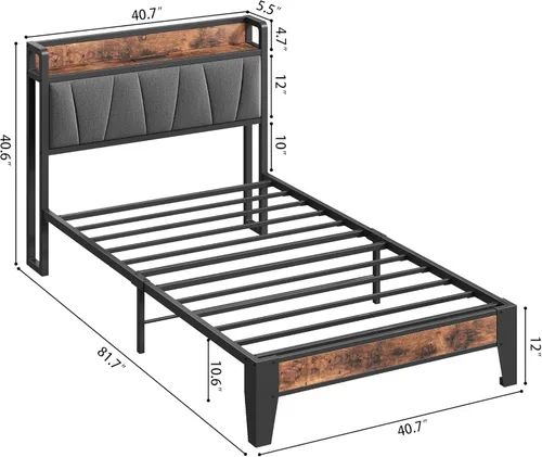 Miniatura 45 de LIKIMIO Base de cama Queen, cabecera de almacenamiento con estación de carga, sólida y estable, sin ruido, no necesita somier, fácil montaje Vintage