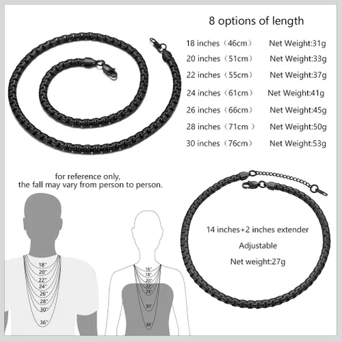 Miniatura 3 de PROSTEEL Stylish Stainless Steel Flat Box Chain Necklace, SilverGoldBlack Tone, Nickel-Free, Hypoallergenic Jewelry, 14-30, Come Gift Box