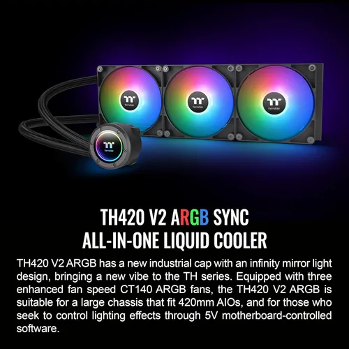 Miniatura 2 de Thermaltake TH420 ARGB Sync V2 Refrigerador de CPU de Líquido/Refrigeración Líquida AlO/Ventilador 140mm*3/PWM 500~2000 RPM/Bloque de Agua Negro