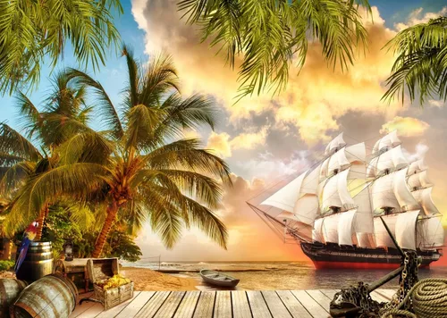 BELECO Telón de fondo de barco pirata de isla de playa, 5 x 3 pies, paisaje marino de verano, fondo de palmeras, fondo de madera, caja del tesoro de