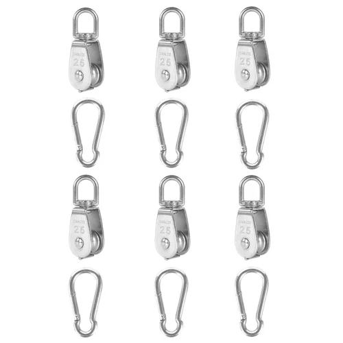 Miniatura 8 de 2 piezas de bloque de polea individual M32 de acero inoxidable 304, rueda de remolque de alambre para colgar, con 2 piezas de gancho de resorte