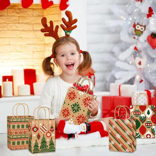 Miniatura 5 de Vellibring 24 piezas de bolsas de regalo de Navidad Kraft, bolsas de papel de Navidad con asa, bolsas de papel de Navidad con estampados navideños