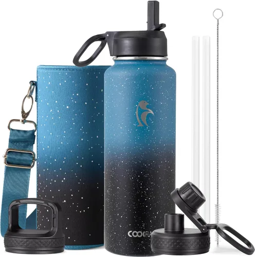 Miniatura 104 de Coolflask Botella de agua de 20 onzas aislada con pajilla, 3 tapas de metal de acero inoxidable, botella de agua de boca ancha para deportes u
