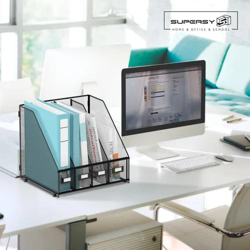 Miniatura 6 de SUPEASY Soporte para archivador de revista, organizador de escritorio de metal con 4 compartimentos para estante, organizador de archivos para Negro