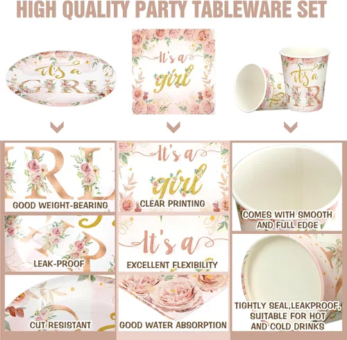 Miniatura 5 de Hushee 200 piezas de platos de papel, servilletas y vasos florales para baby shower, juego de vajilla para fiesta de baby shower, vasos y Rosa