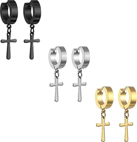Halawly Juego de aretes de aro de acero inoxidable para mujeres y niñas, 3 pares6 pares10 pares pequeños, enormes plateados, dorados, negros, cruz,