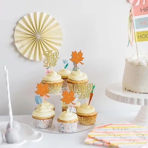 Miniatura 7 de Rsstarxi Paquete de 24 adornos para cupcakes con purpurina de otoño de hojas de arce de otoño, palillos para cupcakes, decoración de pasteles