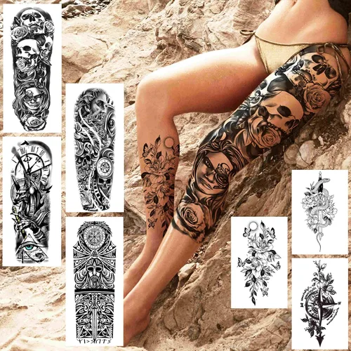 Miniatura 3 de COKTAK 21 hojas de tatuajes temporales negros extra grandes para mujeres y adultos, mito griego con 8 hojas de manga de tatuaje temporal de brazo