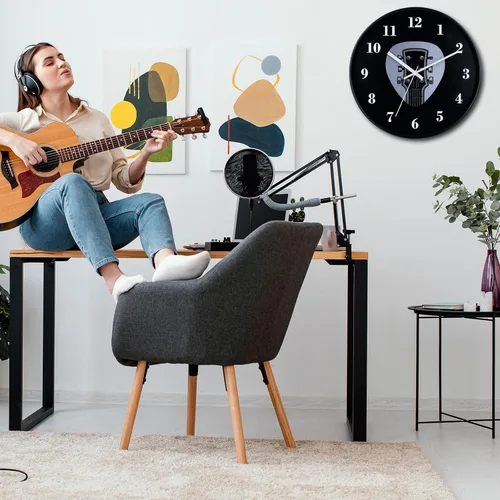 Miniatura 6 de Reloj de pared de guitarra de 12 pulgadas, silencioso, sin tictac, funciona con pilas, diseño único de púa de guitarra y cabeza, regalo