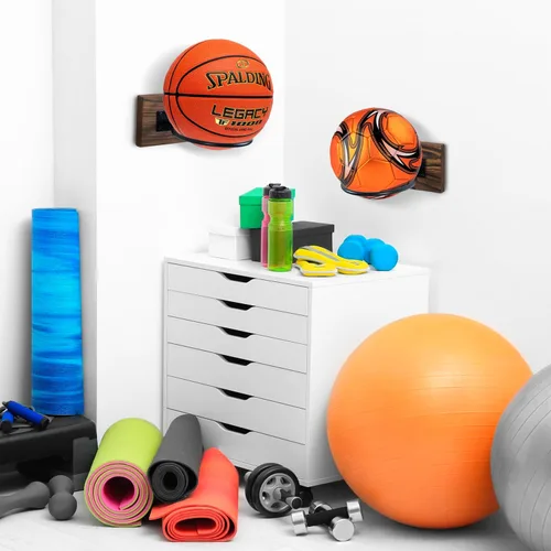Miniatura 7 de MyGift Juego de 2 soportes de bolas deportivas de madera y metal para montar en la pared