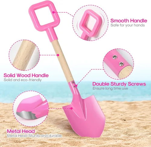 Miniatura 4 de Dsmile 3 palas largas de playa de 16 pulgadas de metal para niños, palas de arena, juguetes con mango de madera para excavar, palas de nieve, caja