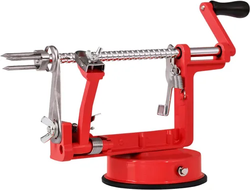 Pelador de manzanas, cortador de patatas 3 en 1, acero inoxidable resistente con base de ventosa (rojo)
