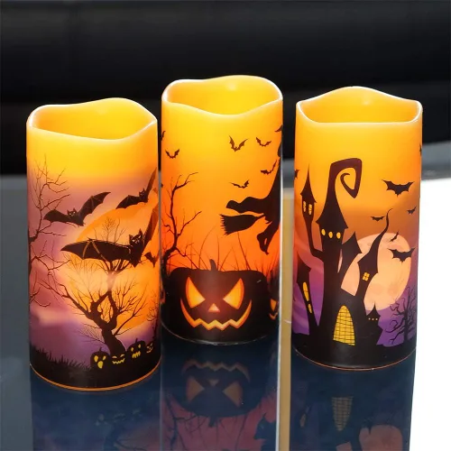 Miniatura 6 de Velas sin llama que funcionan con pilas con temporizador de 6 horas, calcomanías de Halloween de cera real LED parpadeantes, juego de 3 velas