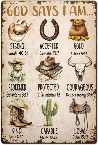 SUPERDANT Letreros de metal con texto en inglés "God Says I Am Strong" (Dios dice que soy fuerte), estilo vintage, decoración de pared inspiradora