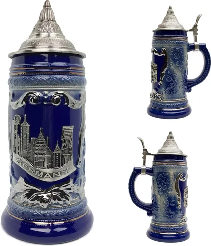 Miniatura 3 de Essence of Europe Gifts OktoberfestHaus - Jarra de cerveza alemana de Rothenburg con emblema de metal en una jarra de cerámica con tapa de 0,6