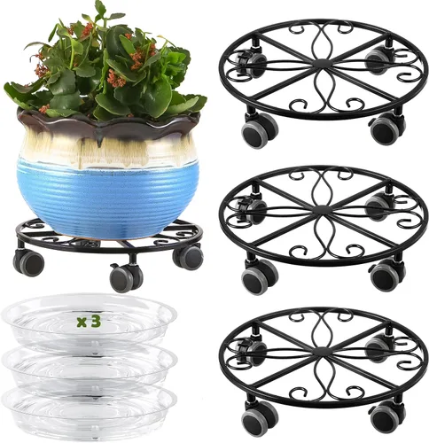 Pack de 3 organizadores para plantas con ruedas de alta resistencia de 13.5 pulgadas, soporte metálico con ruedas, plataforma rodante para plantas,