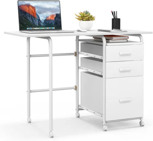 Miniatura 9 de Giantex Escritorio plegable para espacio pequeño, escritorio de oficina en casa rodante con 3 cajones y ruedas universales con cerradura, escritorio