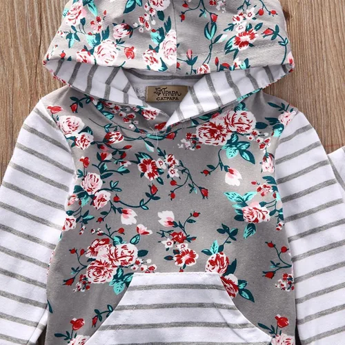 Miniatura 3 de Conjunto de dos piezas con sudadera de flores, con capucha, bolsillo y pantalones a rayas, para bebé (niña), 0-6 meses, gris