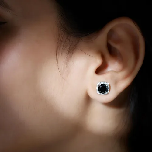Miniatura 3 de Aretes de ónix negro vintage de 12 CT con halo de diamantes (calidad AAA)