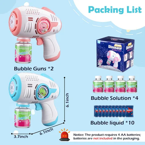 Miniatura 5 de Pistolas de burbujas para niños de 4 a 8 años, paquete de 2 lanzadores automáticos de burbujas con luz LED y solución de 14 burbujas, pistola