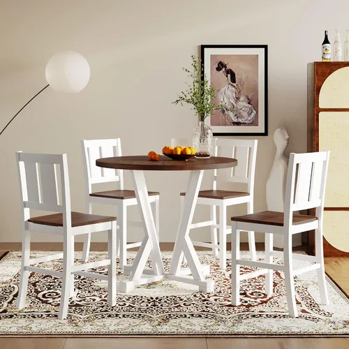 Miniatura 12 de Juego de mesa de comedor redonda clásica de 5 piezas con patas de forma especial y respaldo hueco para silla, para comedor, cocina, apartamento