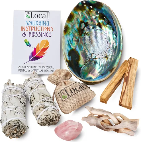 JL Local Perfect Unity Kit de Sahumado - 2 Varitas de Sahumado de Salvia Blanca + 2 Palos de Palo Santo + Cuenco de Concha de Abulón + Cristal de