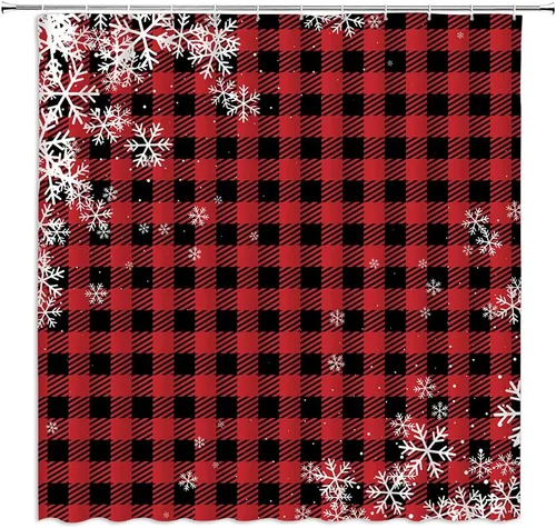 Sunhe Cortina de ducha con diseño de copos de nieve, color rojo, negro, búfalo, blanco, a cuadros, feliz Navidad, rústico, vintage, granja,