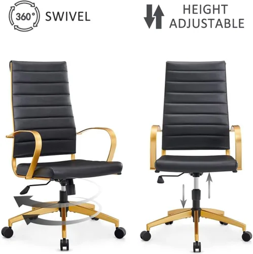 Miniatura 7 de Silla de oficina ergonómica, silla de escritorio de cuero dorado con respaldo alto y soporte lumbar, silla de oficina en casa para estudio