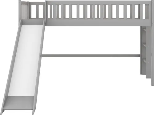 Miniatura 8 de Cama baja tipo loft, cama baja de tamaño individual con tobogán, marco de cama baja de madera con barandillas y escalera lateral para niños, niñas