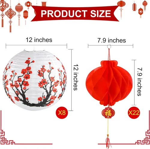 Miniatura 2 de Mototo Kit de 30 faroles de papel chinos japoneses, 12 pulgadas, flor de cerezo japonés con flor de cerezo rojo para festival de primavera, Año