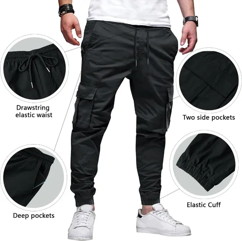 Miniatura 3 de LVCBL Pantalones cargo de algodón para hombre con cordón en la cintura, pantalones cargo ajustados
