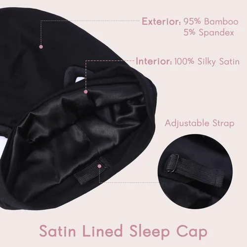 Miniatura 3 de Hat Hut Gorro de satén de seda para el cabello, gorro de dormir para cabello rizado, gorro ajustable con forro de seda con orejas