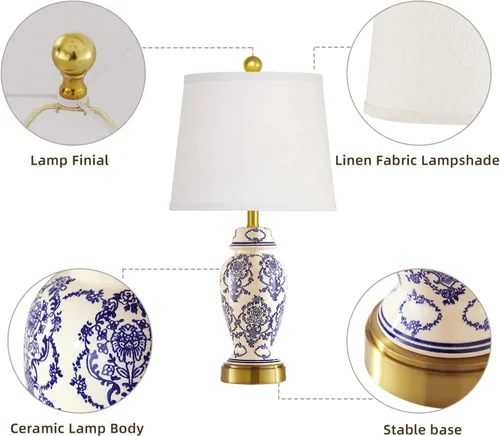 Miniatura 5 de Chinoiserie - Juego de 2 lámparas de mesa de cerámica para sala de estar, dormitorio, mesita de noche, lámpara de mesa clásica de porcelana azul