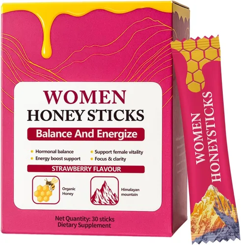 Bloomin - Palitos de miel Shilajit para mujeres, palitos de miel de fresa, energía natural y potenciador de vitalidad con shatavari y azafrán para