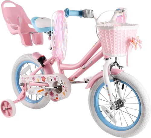 RULLY 12 14 16 Inch Girls Bike for 2-7 Year Olds, Daisy Kids Bicycle with Training Wheels, Basket & Doll Seat, Retro Toddler Bike with Coaster