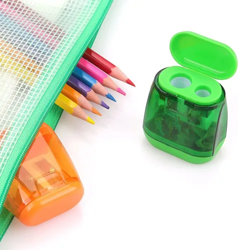 Miniatura 6 de Paquete de 4 sacapuntas manuales de doble agujero con tapa para niños, escuela, oficina, hogar (azul, verde, naranja, rosa)