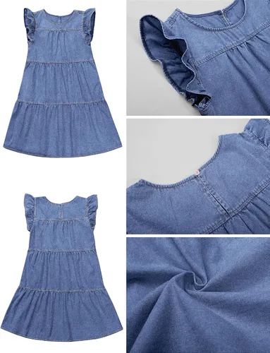 Miniatura 4 de luvamia Vestido de mezclilla 2025 para mujer, estilo babydoll de verano, sin mangas, manga con volantes, vestido plisado suelto con vuelo