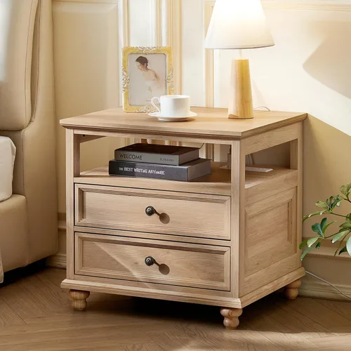Joaxswe Mesita de noche estilo granja con estación de carga, mesa auxiliar de 61 cm de ancho con 2 cajones, cómoda natural para dormitorio, cómoda