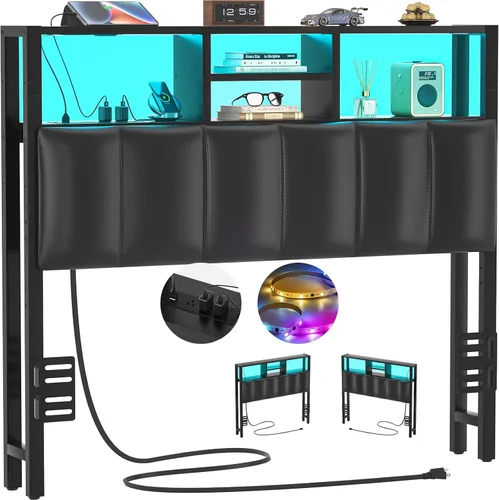 Miniatura 8 de Cabecero Aheaplus para Cama Individual con Almacenamiento, Cabeceros con Enchufes, Puertos USB y Luz LED, Cabecero Individual Solo, Altura