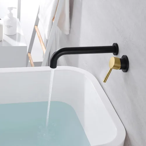 Miniatura 4 de SUMERAIN Grifo de bañera de montaje en pared Grifo de bañera de baño con boquilla de llenado de bañera larga, acabado negro y dorado, manija única