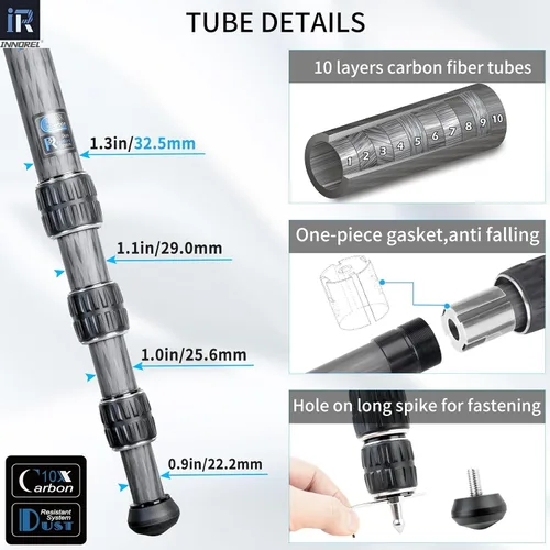 Miniatura 3 de Trípode INNOREL CT85C de fibra de carbono profesional compacto trípode resistente soporte para cámara de video DSLR con cabezal esférico de baja