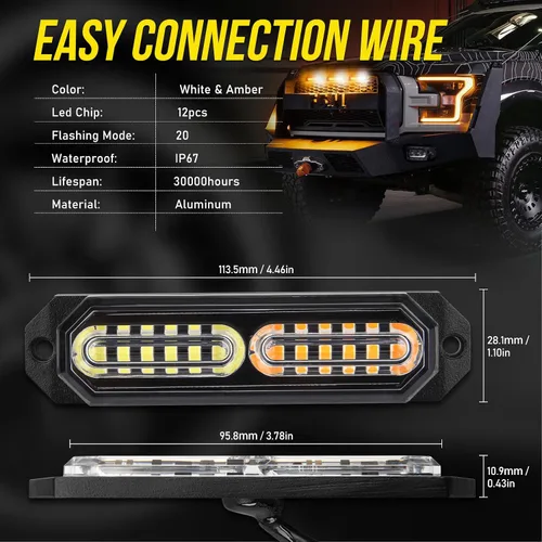 Miniatura 8 de Luces estroboscópicas de rejilla LED con interruptor de 9 teclas, 20 modos de parpadeo, montaje en superficie, barra de luz de emergencia mini de 12