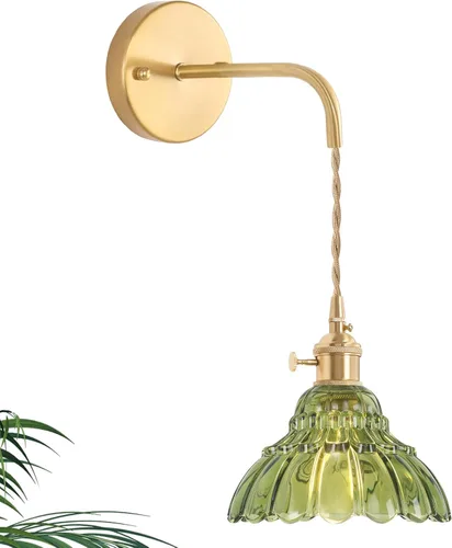 Shenmoyl Aplique de Pared Vintage con Pantalla de Cristal con Patrón de Lirio de los Valles Verde, Cadena Ajustable, Luz de Pared Montada Retro