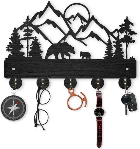 Miniatura 13 de MAYJOYDIY Perchero de pared de madera con 5 ganchos, diseño de ciervo de bosque negro, soporte para llaves y organizador para entrada, pasillo, sala