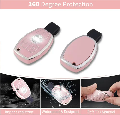 Miniatura 3 de Pangpai Funda de Llavero Rosa para Mercedes Benz, Protección de Funda de Llave de TPU Suave con Llavero Brillante Compatible con Clase C E S M CLS
