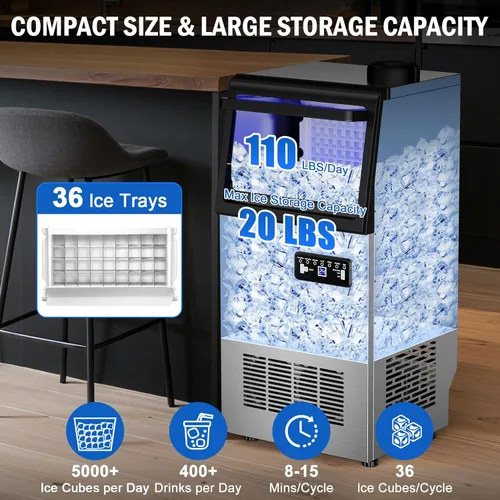 Miniatura 3 de Máquina comercial para hacer hielo de 110 libras/24 horas, 36 bandejas de hielo, máquina de hielo independiente y bajo mostrador de acero inoxidable