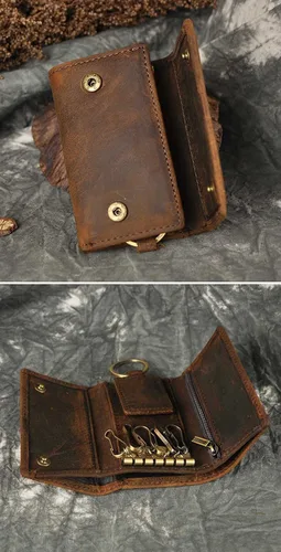 Miniatura 3 de Le'aokuu Funda de cuero genuino para llave de coche con gancho para monedas, billetera a presión